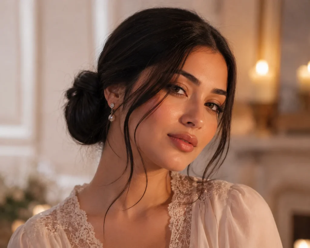 Straight Hair With a Low Side Bun and Wispy Pieces